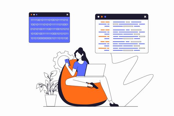Programmers working concept with people scene in flat outline design. Woman working with code on different screens, optimizes and tests. illustration with line character situation for web