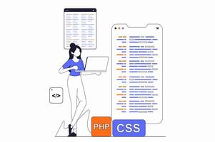 Development and programming concept with people scene in flat outline design. Woman writes code and creates mobile apps, fixes bugs and tests. illustration with line character situation for web vector