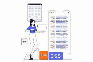 desarrollo y programación concepto con personas escena en plano contorno diseño. mujer escribe código y crea móvil aplicaciones, arregla loco y pruebas ilustración con línea personaje situación para web vector