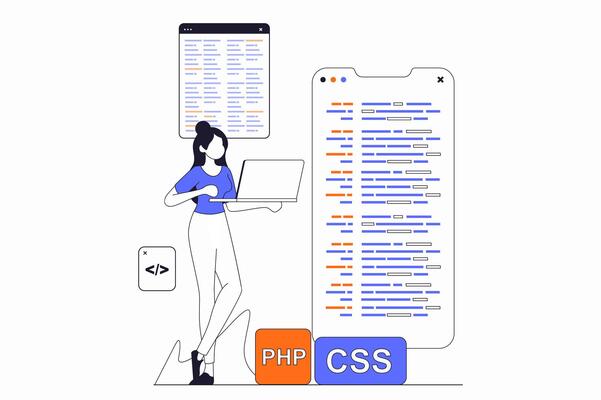 Development and programming concept with people scene in flat outline design. Woman writes code and creates mobile apps, fixes bugs and tests. illustration with line character situation for web