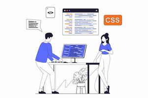 Development and programming concept with people scene in flat outline design. Man and woman write and test code and working at computer. illustration with line character situation for web vector