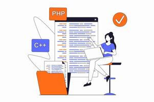 Programmers working concept with people scene in flat outline design. Woman working with code, optimized, settings, testing and fixing bugs. illustration with line character situation for web vector