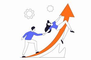 Leadership concept with people scene in flat outline design. Man and woman cooperate and develop business and increase financial profit. illustration with line character situation for web vector