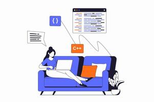 Freelance working concept with people scene in flat outline design. Woman developer doing tasks remotely and programming on laptop at home. illustration with line character situation for web vector