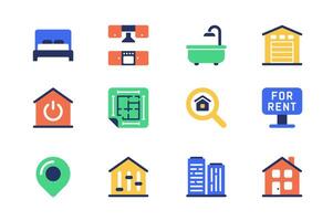 Real estate concept of web icons set in simple flat design. Pack of bedroom, kitchen, bathroom, garage, smart, house, home, blueprint, search, skyscraper and other. pictograms for mobile app vector