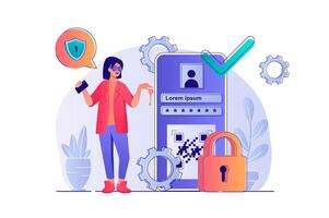 ciber seguridad concepto con personas escena. mujer accesos móvil solicitud utilizando la seguridad contraseña, en línea proteccion de personal cuentas ilustración con caracteres en plano diseño para web vector