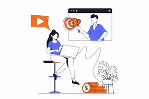 marketing concept with people scene in flat outline design. Woman watching on laptop with promo content. Man promoting online. illustration with line character situation for web vector