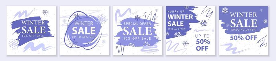 Winter and Christmas Sale square template set for ads posts in social media. Promo layouts with snowflakes and abstract spots. Suitable for mobile apps, banner design and web ads. illustration. vector
