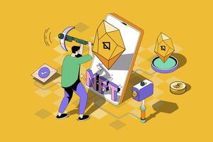 NFT token web concept in 3d isometric design. Man investing in digital collectible artwork with non fungible token and buying masterpiece at markets. web illustration with people isometry scene vector