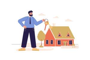 Real estate web concept with people scene. Man buying new home with mortgage loan and holding keys. Realtor puts house up for sale or rent. Character situation in flat design. illustration. vector