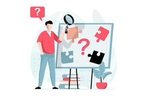 Finding solution concept with people scene in flat design. Man with magnifier examines problem, assembles puzzle, solves jigsaw and finds answers. illustration with character situation for web vector