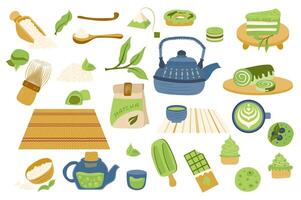 Matcha tea set with cute cartoon elements in flat design. Bundle of matcha powder, packaging bag, cake, leaf, green chocolate, ice cream, cup, tea pot and other isolated stickers. illustration. vector