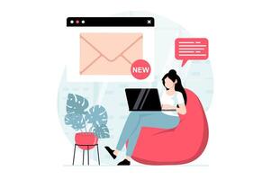 Email service concept with people scene in flat design. Woman receives new letter notification in email client and opens envelope using laptop. illustration with character situation for web vector
