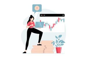 Cryptocurrency mining concept with people scene in flat design. Woman sells bitcoins on virtual exchange and analyzing crypto market trends. illustration with character situation for web vector