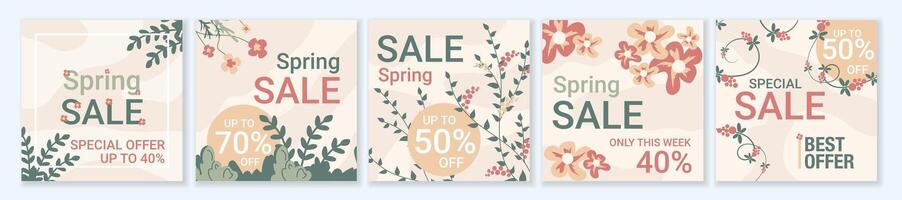 Spring Sale square template set for ads posts in social media. Bundle of layouts with different green leaves and pink flowers. Suitable for mobile apps, banner design and web ads. illustration. vector