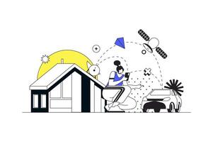 Wireless technology web concept in flat outline design with character. Woman monitors smart home sensors and controls house and car using program on mobile phone, people scene. illustration. vector