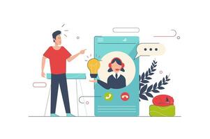 Customer support concept with people scene in flat cartoon design. Man talking with operator by mobile phone. Woman generates ideas and solutions. illustration with character situation for web vector