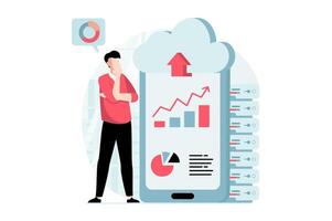 Data science concept with people scene in flat design. Man studying statistics at screen, working with charts using cloud computing at mobile app. illustration with character situation for web vector