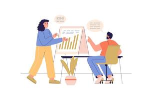 Business meeting web concept with people scene. Woman and man discussing company financial data at presentation board and planning strategy. Character situation in flat design. illustration. vector