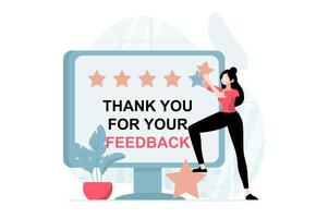 Feedback page concept with people scene in flat design. Woman leaving high star rating marks and best customer experience using computer page. illustration with character situation for web vector