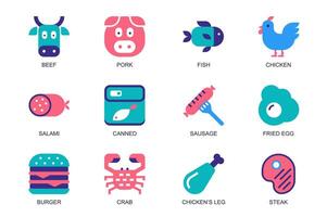 Meat, Fish and Poultry concept of web icons set in simple flat design. Pack of beef, pork, chicken, salami, canned food, sausage, fried egg, burger, crab and other. pictograms for mobile app vector