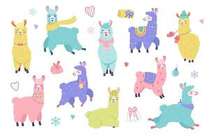 Cute llamas in Christmas set with cartoon elements in flat design. Bundle of colorful happy lamas with scarves, hats, bells, gifts, snowflakes and other decor isolated stickers. illustration. vector