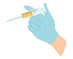 Vaccination injection in flat design. Doctor hand in glove holds syringe. illustration isolated. vector