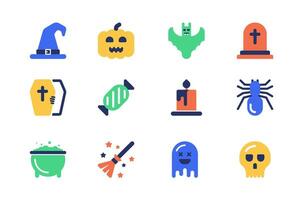Halloween concept of web icons set in simple flat design. Pack of witch hat, pumpkin, bat, gravestone, cemetery, coffin, candy, candle, spider, ghost, skull and other. pictograms for mobile app vector