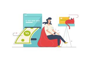 móvil bancario concepto con personas escena en plano dibujos animados diseño. mujer utilizando móvil solicitud a gestionar financiero cuenta y transferir dinero. ilustración con personaje situación para web vector