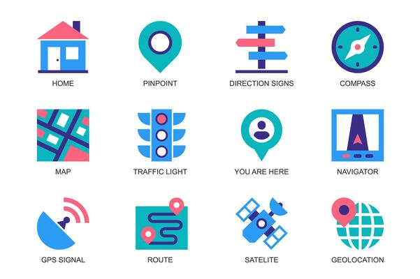 Navigation concept of web icons set in simple flat design. Pack of home, pinpoint, direction signs, compass, map, traffic light, navigator, gps signal, satellite. pictograms for mobile app