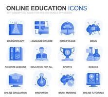 Modern Set Education and Knowledge Gradient Flat Icons for Website and Mobile Apps. Contains such Icons as Studying, School, Graduation, E-Book. Conceptual color flat icon. pictogram pack. vector