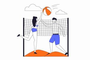 viaje vacaciones concepto con personas escena en plano contorno diseño. mujer y hombre jugando playa vóleibol y teniendo activo descanso a mar complejo. ilustración con línea personaje situación para web vector