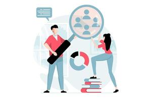 Focus group concept with people scene in flat design. Man with magnifier and woman do marketing research and audience behavior, analyze data. illustration with character situation for web vector
