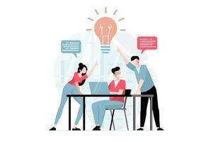 Focus group concept with people scene in flat design. Marketer team discusses and conducts marketing research, analyzes buyers to promote business. illustration with character situation for web vector