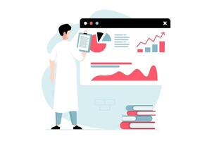 Data science concept with people scene in flat design. Man scientist making new research and working with diagram, charts and graphs at screen. illustration with character situation for web vector