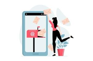 Email service concept with people scene in flat design. Woman sends lot of letters and conducts online correspondence using mail client mobile app. illustration with character situation for web vector