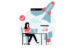 Branding team concept with people scene in flat design. Woman analyzing data, creating strategy and brand identity, developing company personality. illustration with character situation for web vector