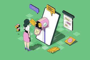 Messaging service web concept in 3d isometric design. Woman receives and sends envelopes and emails, chats and communicates online using application. web illustration with people isometry scene vector