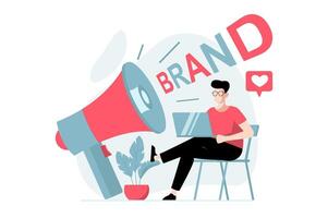 Branding team concept with people scene in flat design. Man promoting new brand and makes advertising campaign, using digital marketing tools. illustration with character situation for web vector