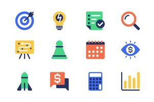negocio planificación concepto de web íconos conjunto en sencillo plano diseño. paquete de objetivo, lluvia de ideas, buscar, estrategia, calendario, puesta en marcha, dinero, calculadora y otro. pictogramas para móvil aplicación vector