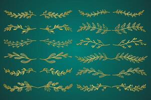 oro floral ornamento divisores conjunto en mano dibujado diseño. hojas y árbol ramas elementos. haz de botánico adornos rollos decoración y decorativo rama. ilustración. vector