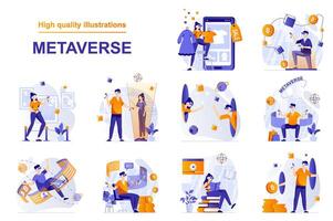 Metaverse web concept with people scenes set in flat style. Bundle of augmented virtual reality for online shopping, gaming, communication, science, study. illustration with character design vector