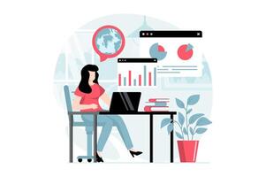 Global economic concept with people scene in flat design. Woman analyzing financial data, creates strategy, investing in business and startups. illustration with character situation for web vector