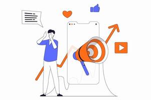 digital márketing concepto con personas escena en plano contorno diseño. hombre es comprometido en en línea marca promoción en social redes y usos aplicación ilustración con línea personaje situación para web vector