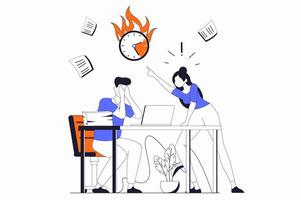 Deadline concept with people scene in flat outline design. Angry boss screaming at upset manager while man trying to complete work tasks. illustration with line character situation for web vector