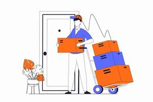 Delivery service concept with people scene in flat outline design. Courier brought boxes on wheelbarrow to client door, moving and transport. illustration with line character situation for web vector