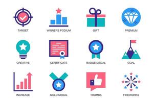 Success concept of web icons set in simple flat design. Pack of target, winners podium, gift, premium, creative, certificate, badge medal, goal, increase, fireworks. pictograms for mobile app vector