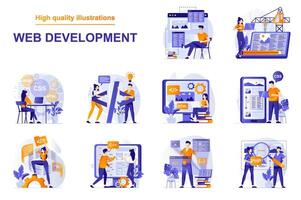 Web development concept with people scenes set in flat style. Bundle of designers working and programming sites, coding and prototyping interface or layout. illustration with character design vector