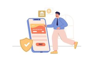 Mobile banking web concept with people scene. Man manages personal financial account, control balance in credit card and makes transactions. Character situation in flat design. illustration. vector