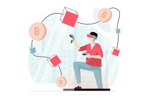 metaverso concepto con personas escena en plano diseño. hombre vistiendo vr gafas de protección y controladores haciendo cripto negocio con blockchain tecnología. ilustración con personaje situación para web vector